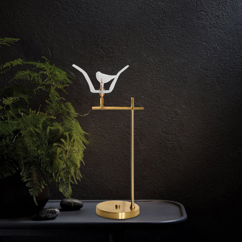 Right Angle Arm Desk Light Modernist Metal LED Gold Finish Table Lamp with Bird Opal Glass Shade