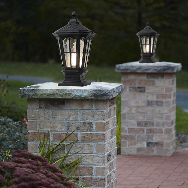 Drum Shape Metal Waterproof Pillar Lamp Modern Style 1 Light Outdoor Lights in Black