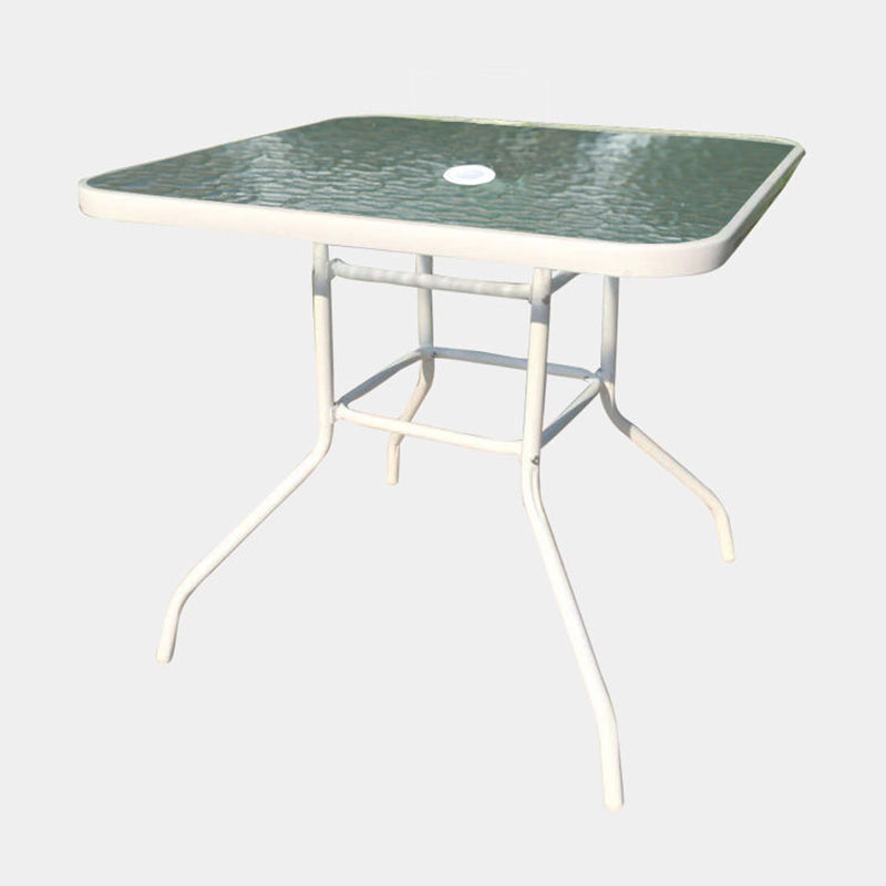 Water Resistant Patio Table with White Legs Glass Top Industrial Bistro Table