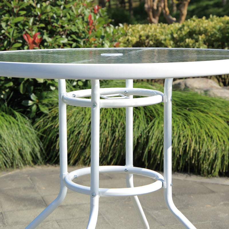Water Resistant Patio Table with White Legs Glass Top Industrial Bistro Table