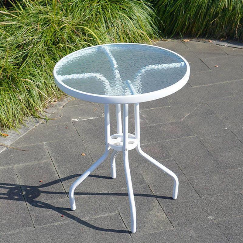 Water Resistant Patio Table with White Legs Glass Top Industrial Bistro Table