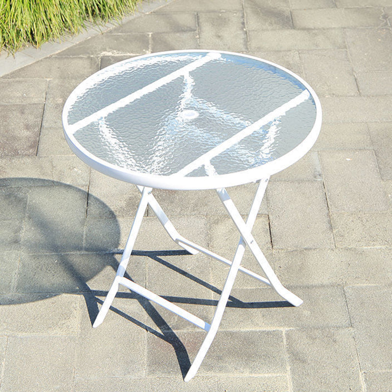 Water Resistant Patio Table with White Legs Glass Top Industrial Bistro Table