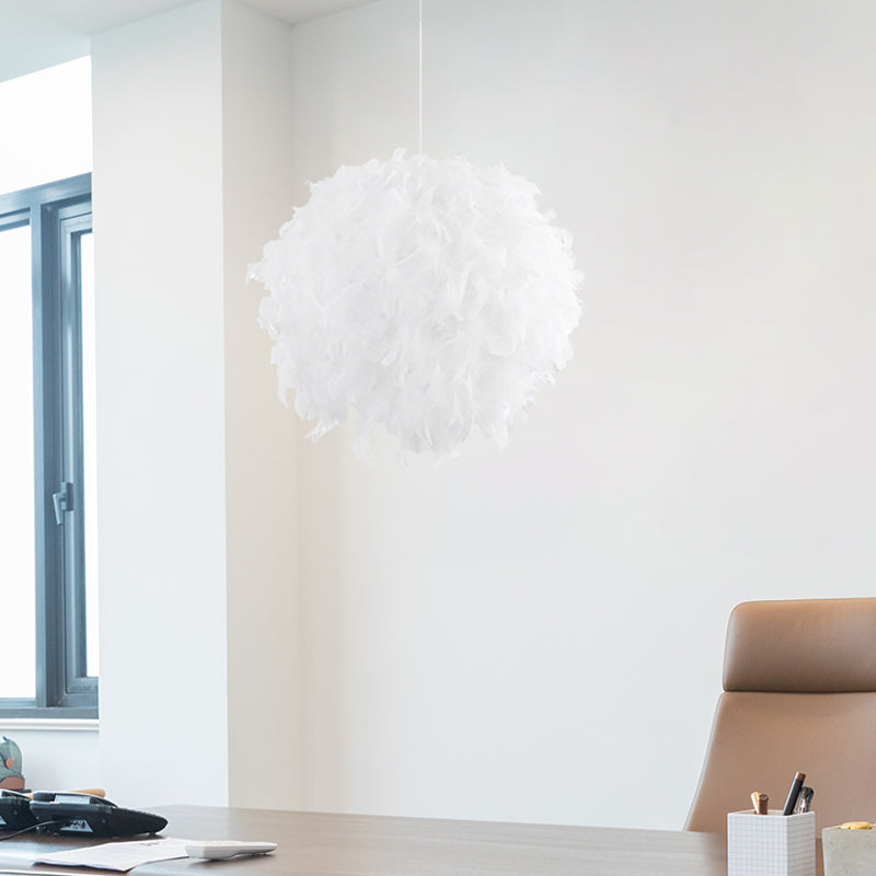 3/4 Lights Bedroom Ceiling Pendant Light Modernist White Chandelier Lamp with Feather Ball Fabric Shade