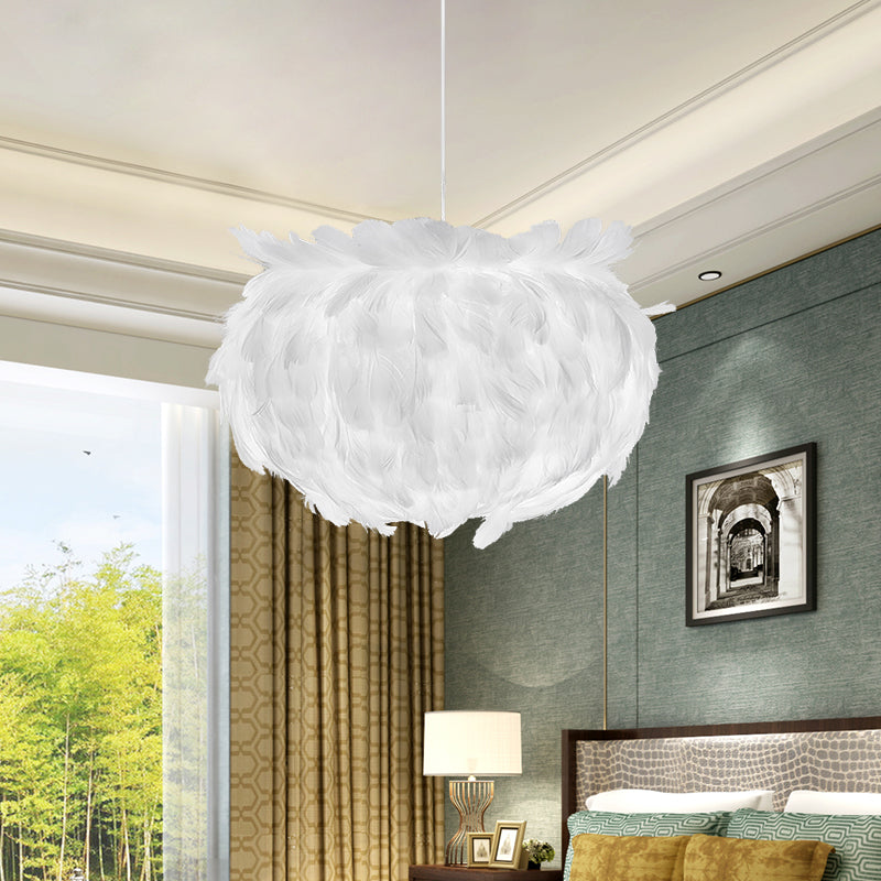 Feather Globe Ceiling Pendant Light Contemporary Fabric 1 Head White Suspension Lamp