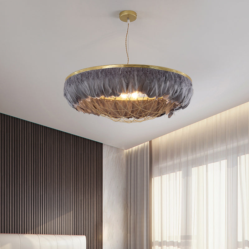 Cage Dome Lamera lampadina metallica Light Modern 2 Bulbs Lampada a soffitto appeso oro con piume bianco/grigio/rosa