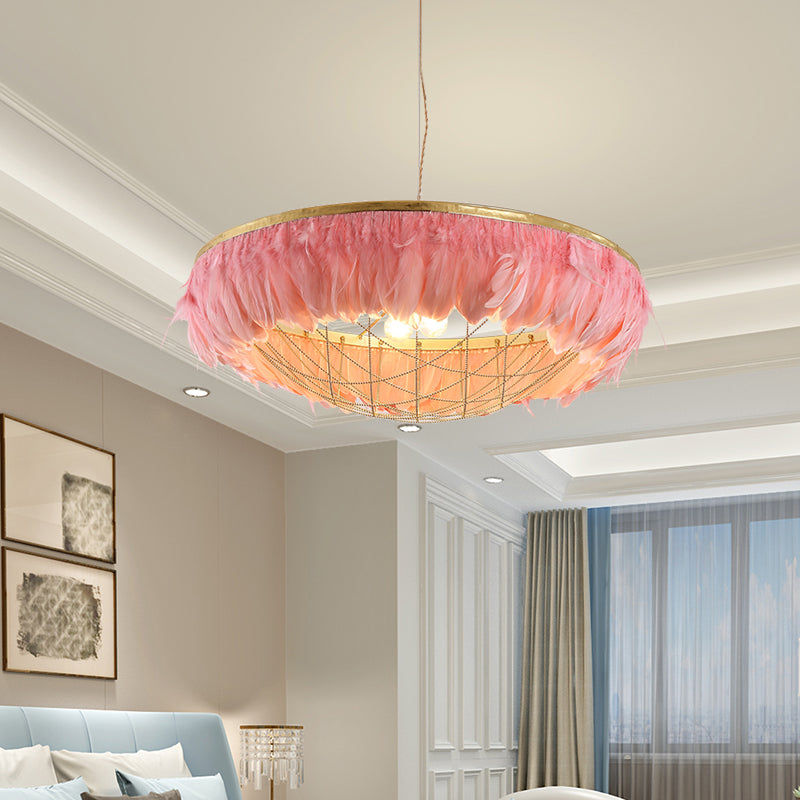 Cage Dome Lamera lampadina metallica Light Modern 2 Bulbs Lampada a soffitto appeso oro con piume bianco/grigio/rosa