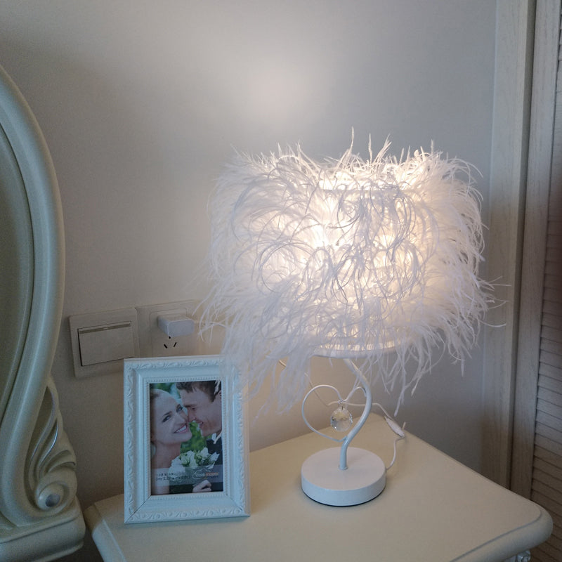 White Feather Night Table Lighting Modern 1-Bulb Fabric Desk Lamp for Bedside with Crystal Drop