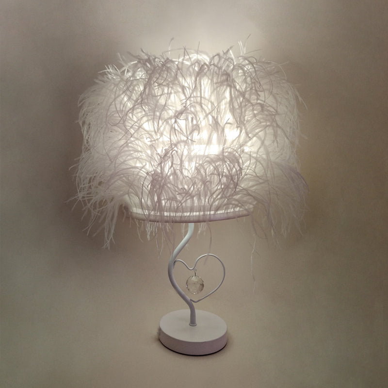 White Feather Night Table Lighting Modern 1-Bulb Fabric Desk Lamp for Bedside with Crystal Drop