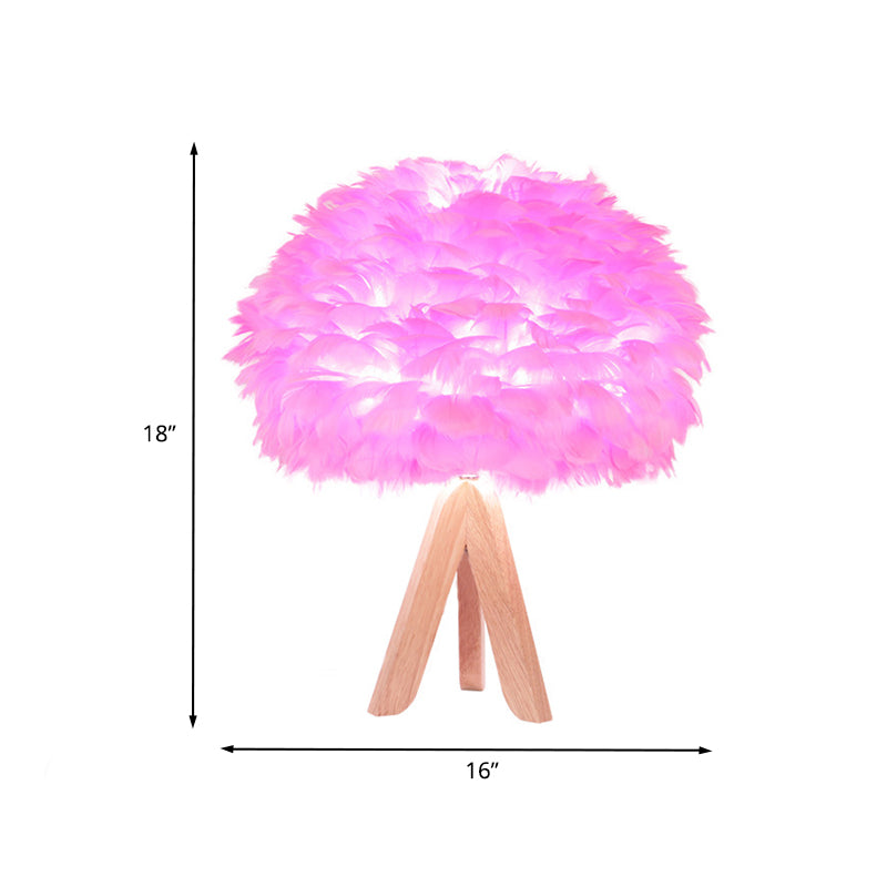 Éclairage de bureau de plume en tissu moderniste 1 lampe de table rose de bulbe avec base de trépied en bois