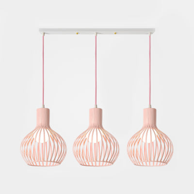 3 Bulbs Ceiling Lighting with Wire Dome Shade Metal Industrial Dining Room Hanging Light in Grey/Pink
