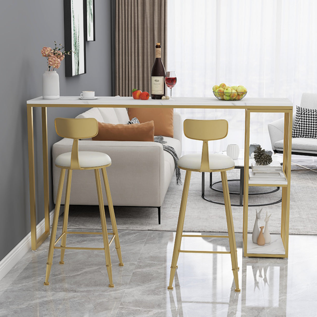 Glam Stone Bar Table Set 1/3 Pieces Rectangle Bar Table with Upholstered Stools