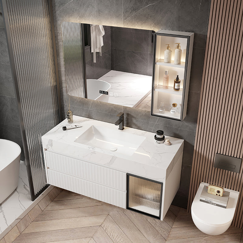 Mirror Bathroom Vanity Wall Mount Single Sink 2 Drawers Wood Frame Rectangle Vanity