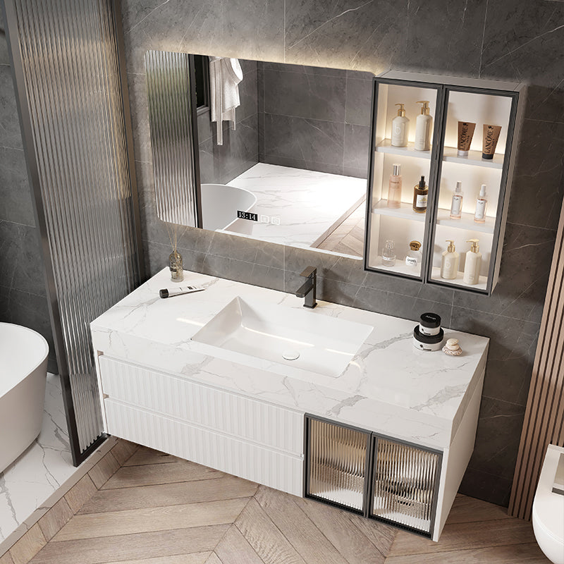 Mirror Bathroom Vanity Wall Mount Single Sink 2 Drawers Wood Frame Rectangle Vanity