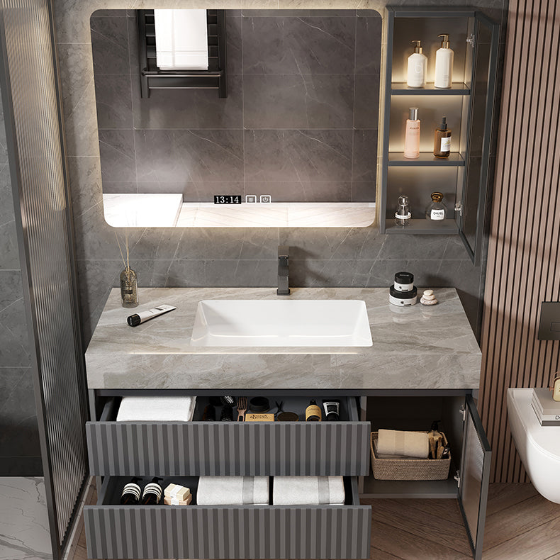 Mirror Bathroom Vanity Wall Mount Single Sink 2 Drawers Wood Frame Rectangle Vanity