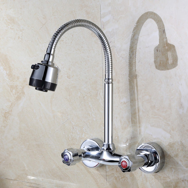 Contemporary Wall Mounted Kitchen Faucet High Arch Double Handles Water Filler in Chrome