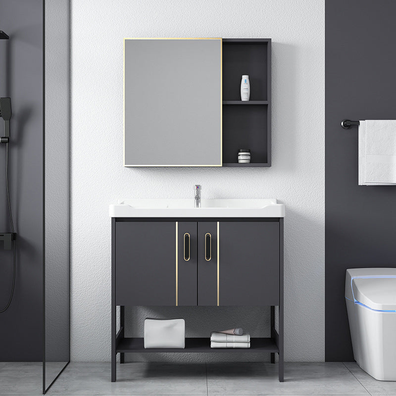 Single Sink Vanity Shelving Included Metal Frame 2 Doors Freestanding Modern Vanity