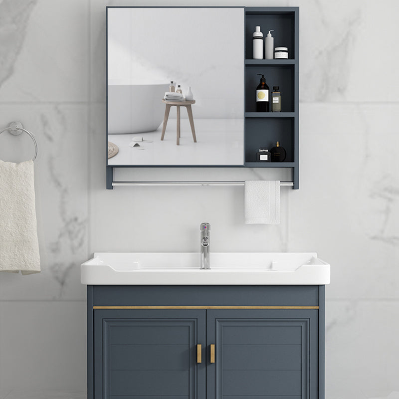 Freestanding Bath Vanity Blue Rectangle Mirror 2 Doors Bathroom Vanity with Single Sink
