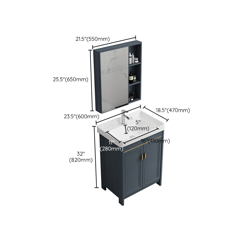 Freestanding Bath Vanity Blue Rectangle Mirror 2 Doors Bathroom Vanity with Single Sink