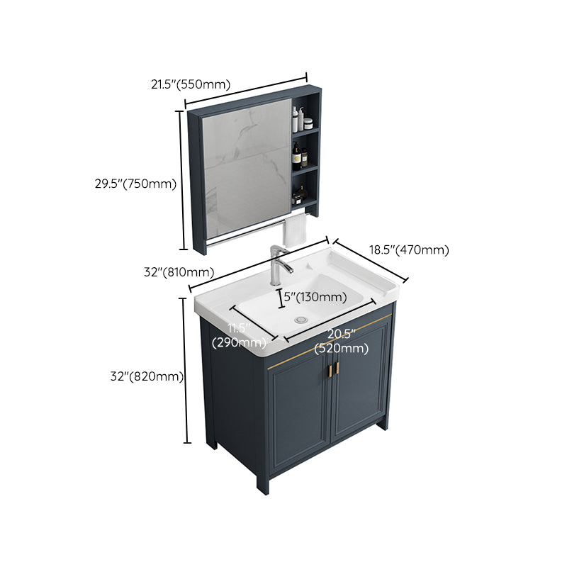 Freestanding Bath Vanity Blue Rectangle Mirror 2 Doors Bathroom Vanity with Single Sink
