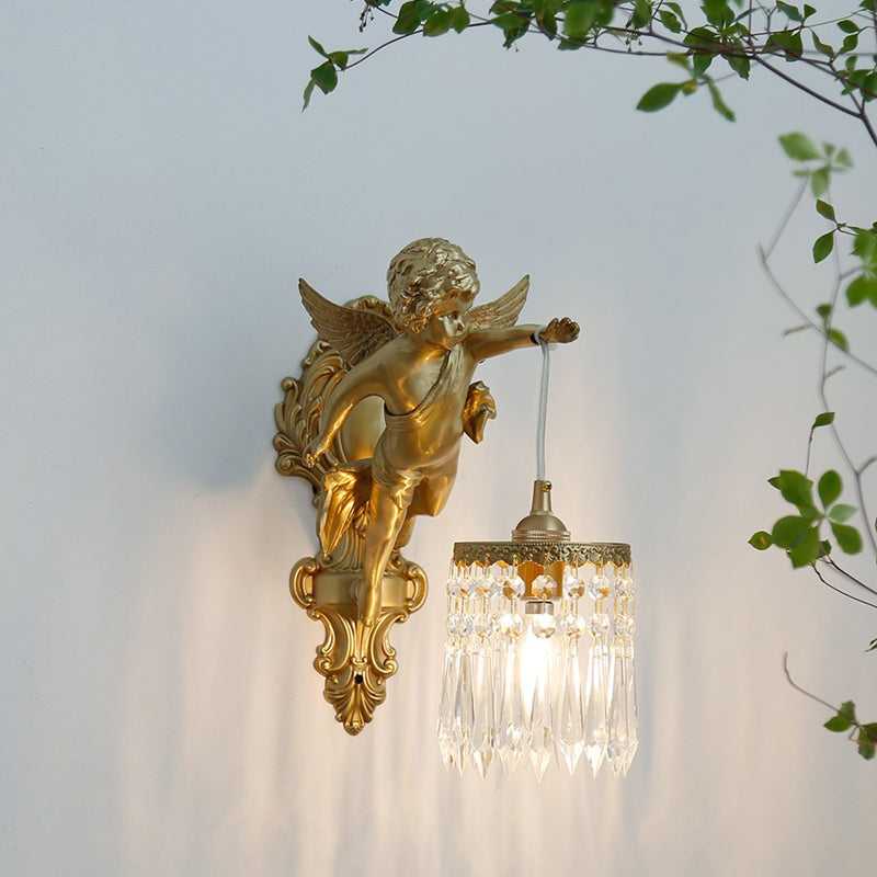 Cylinder Shape Crystal Wall Lighting Modern Style 1 Light Wall Mounted Light in Gold