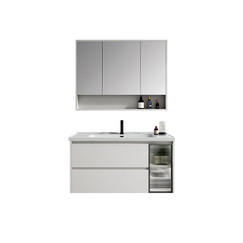 White Wood Vanity Wall Mount Glam Single Sink Mirror Bathroom Vanity with Drawers