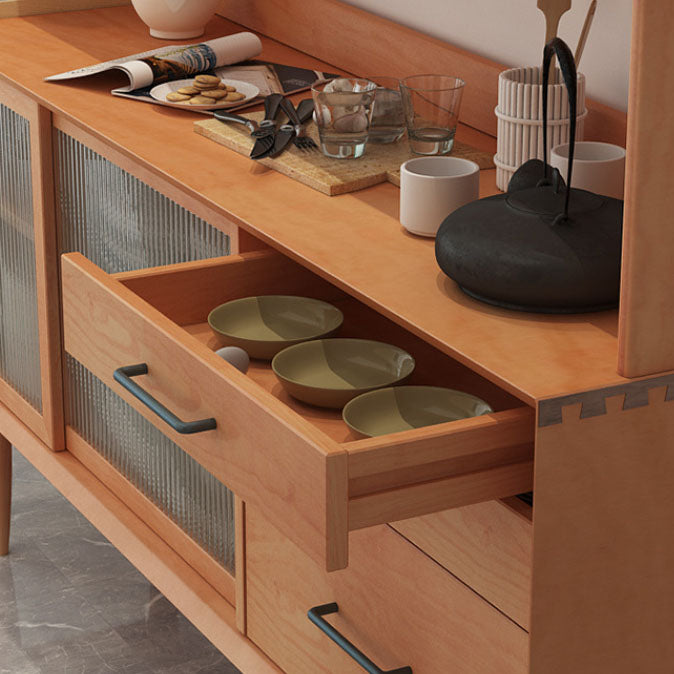 Modern Glass Doors Dining Hutch Pine Storage Cabinet for Dining Room