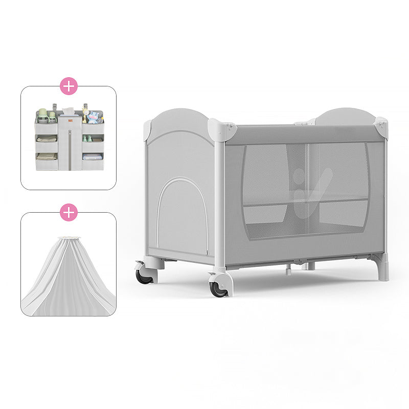 Plastic & Metal Crib with Casters 2-in-1 Folding Crib in White/Gray with Storage