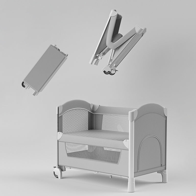 Plastic & Metal Crib with Casters 2-in-1 Folding Crib in White/Gray with Storage