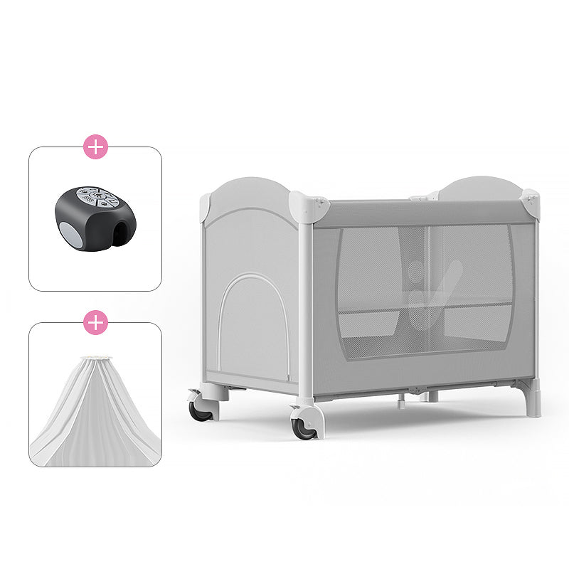 Plastic & Metal Crib with Casters 2-in-1 Folding Crib in White/Gray with Storage