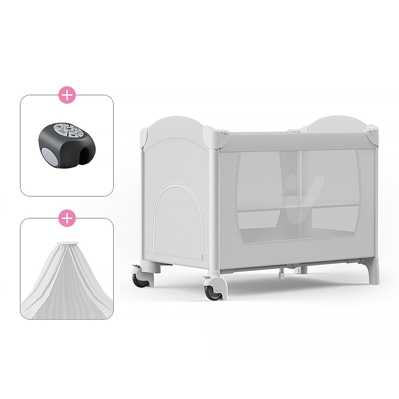 Plastic & Metal Crib with Casters 2-in-1 Folding Crib in White/Gray with Storage