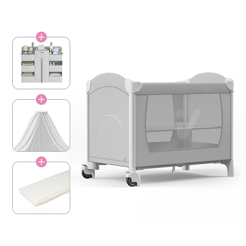 Plastic & Metal Crib with Casters 2-in-1 Folding Crib in White/Gray with Storage