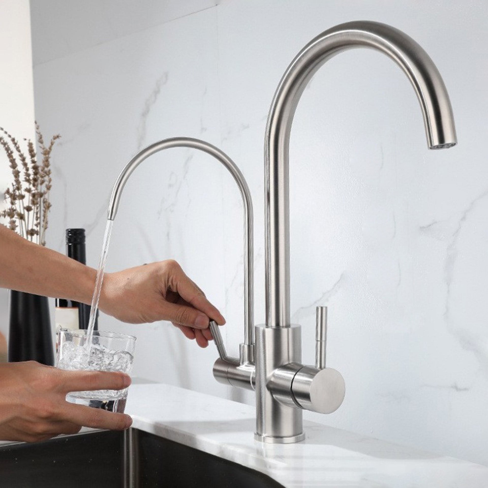 Modern Spray Kitchen Faucet Stainless Steel Swivel Spout with Water Dispenser Sink Faucet