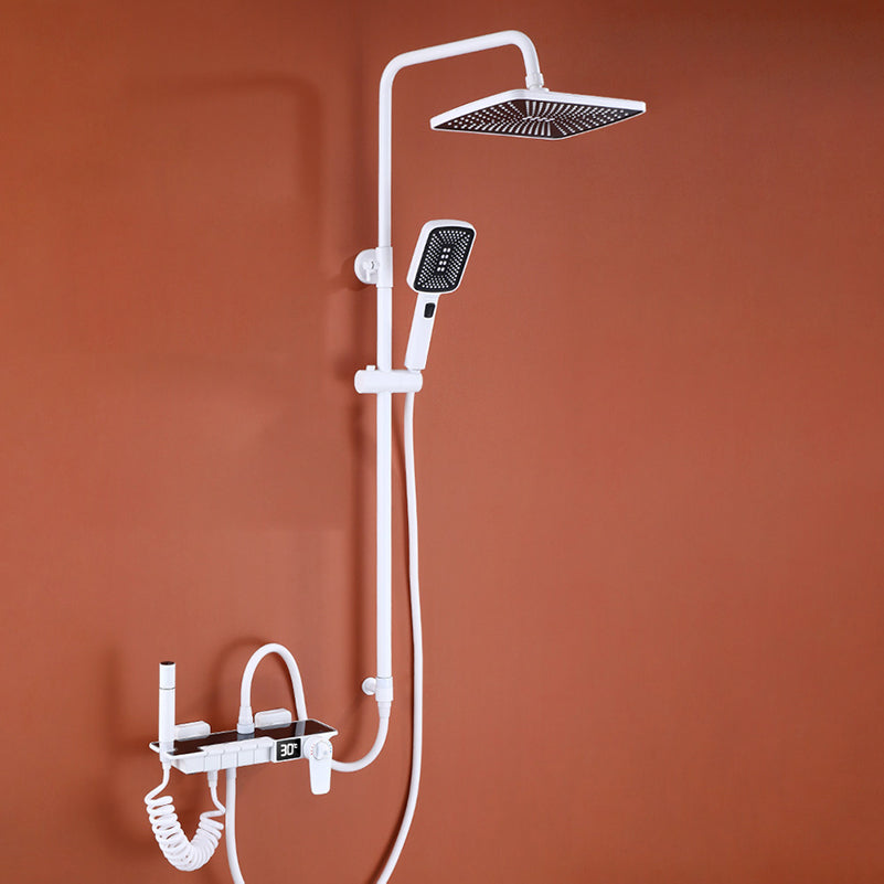 White Shower System Adjustable Spray Pattern Shower Arm Square Wall Mount Shower System