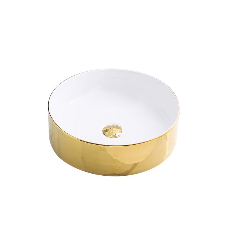 Gold Bathroom Sink Faucet Contemporary Vitreous China Vessel Sink with Pop-Up Drain