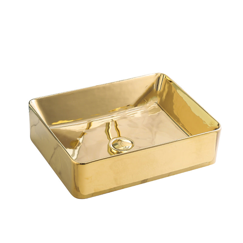 Gold Bathroom Sink Faucet Contemporary Vitreous China Vessel Sink with Pop-Up Drain