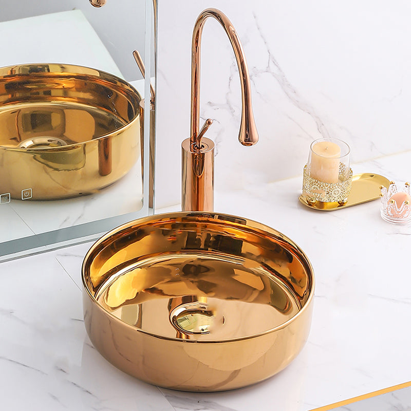Gold Bathroom Sink Faucet Contemporary Vitreous China Vessel Sink with Pop-Up Drain