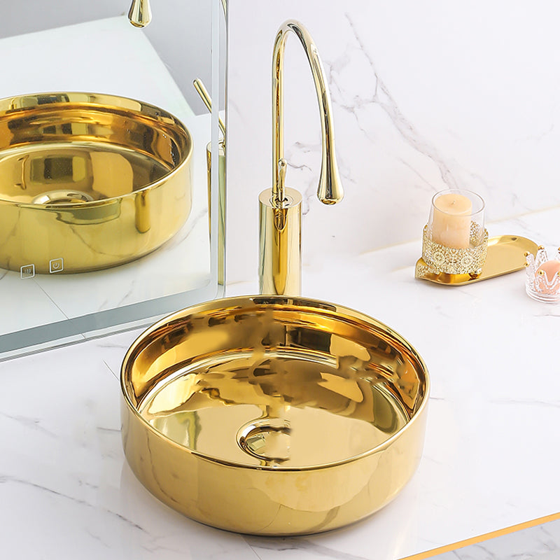 Gold Bathroom Sink Faucet Contemporary Vitreous China Vessel Sink with Pop-Up Drain