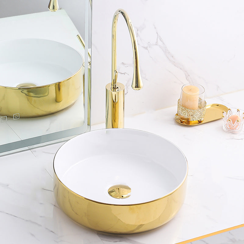 Gold Bathroom Sink Faucet Contemporary Vitreous China Vessel Sink with Pop-Up Drain