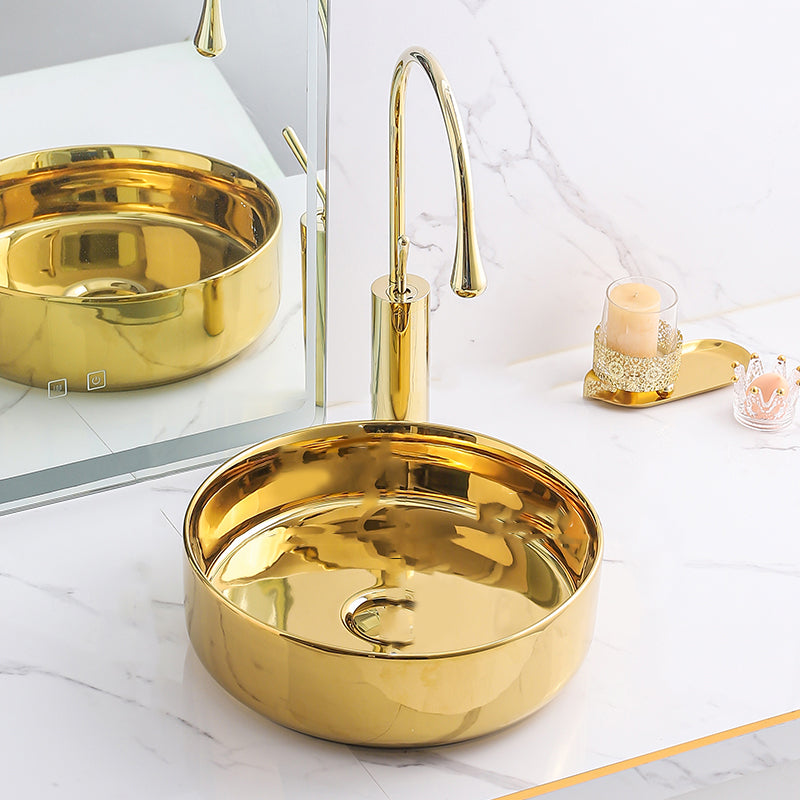 Gold Bathroom Sink Faucet Contemporary Vitreous China Vessel Sink with Pop-Up Drain