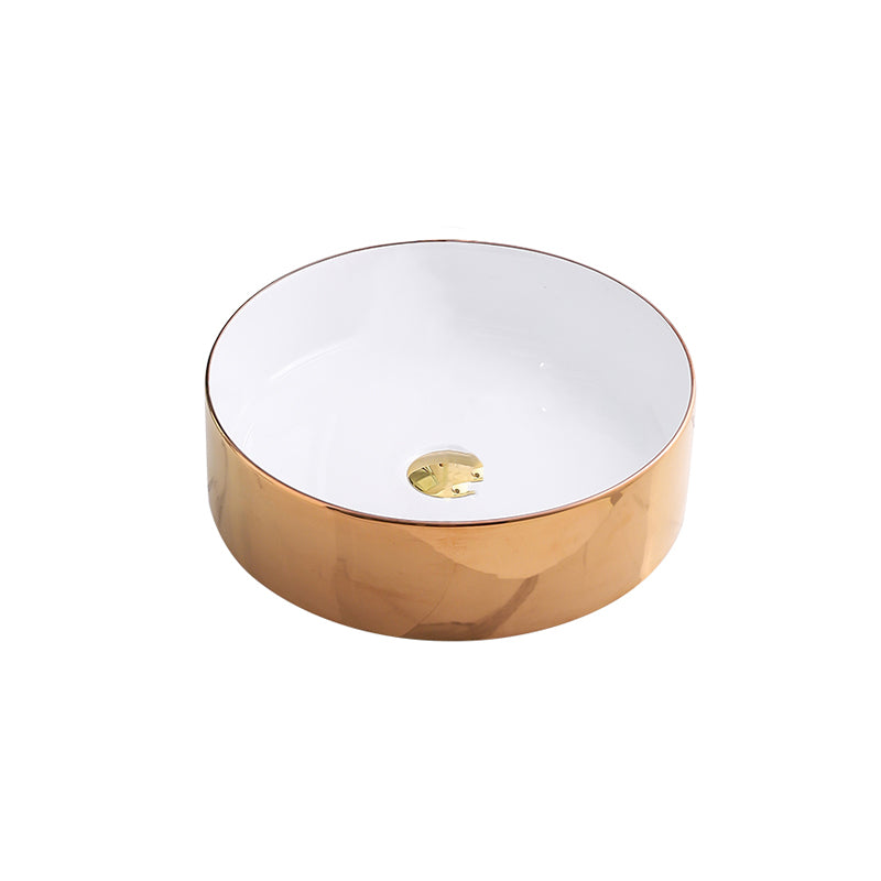 Gold Bathroom Sink Faucet Contemporary Vitreous China Vessel Sink with Pop-Up Drain