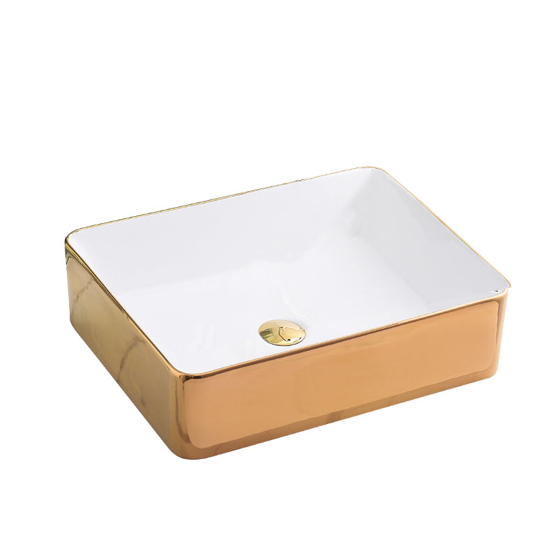 Gold Bathroom Sink Faucet Contemporary Vitreous China Vessel Sink with Pop-Up Drain
