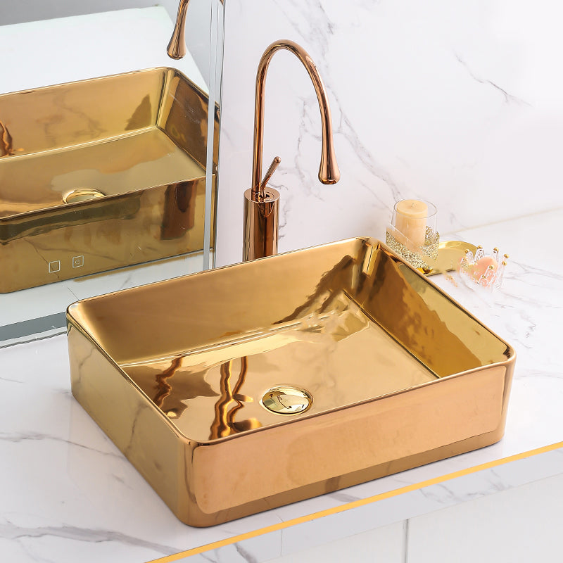 Gold Bathroom Sink Faucet Contemporary Vitreous China Vessel Sink with Pop-Up Drain