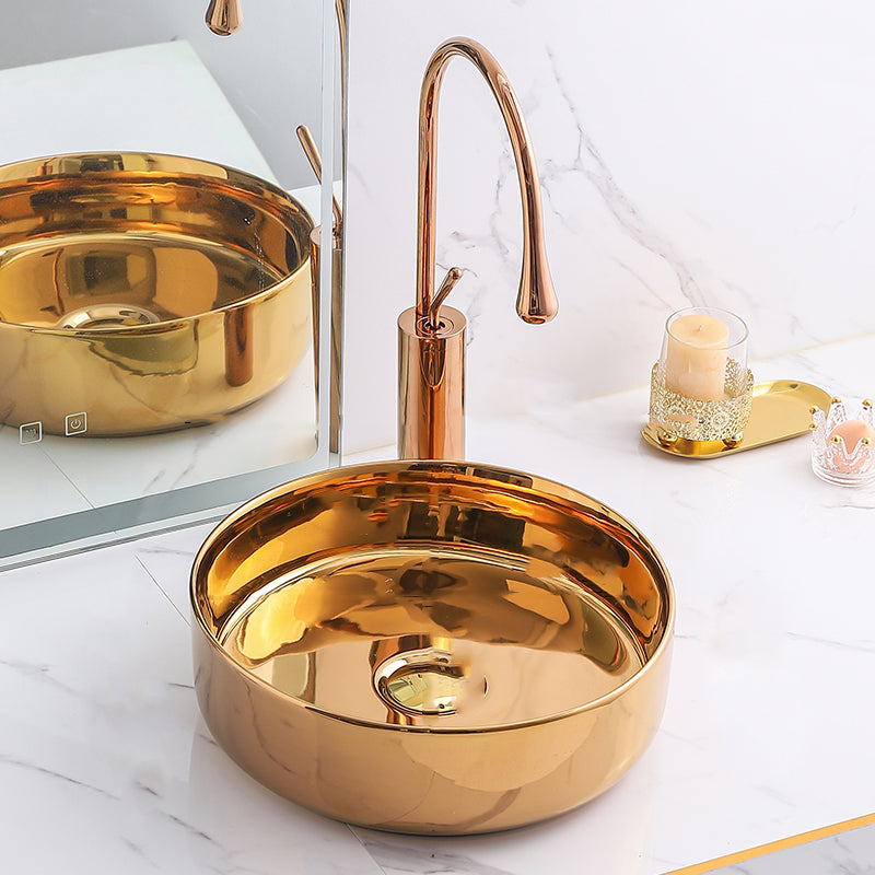 Gold Bathroom Sink Faucet Contemporary Vitreous China Vessel Sink with Pop-Up Drain