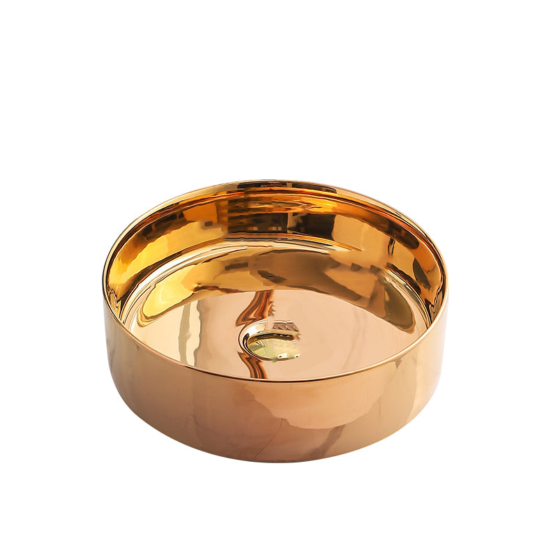 Gold Bathroom Sink Faucet Contemporary Vitreous China Vessel Sink with Pop-Up Drain