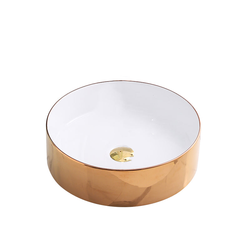 Gold Bathroom Sink Faucet Contemporary Vitreous China Vessel Sink with Pop-Up Drain