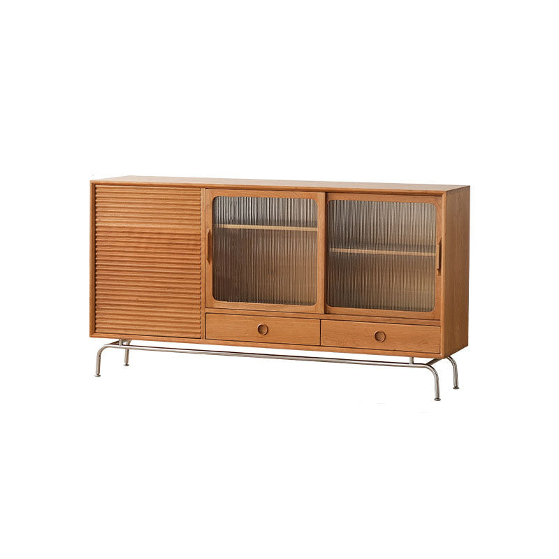 Contemporary Pine Display Stand Glass Doors Storage Cabinet with Doors