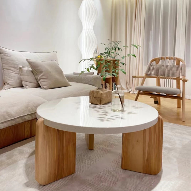 Round Terrazzo 1 Single Coffee Table Modern Style Wooden 3 Legs Cocktail Table