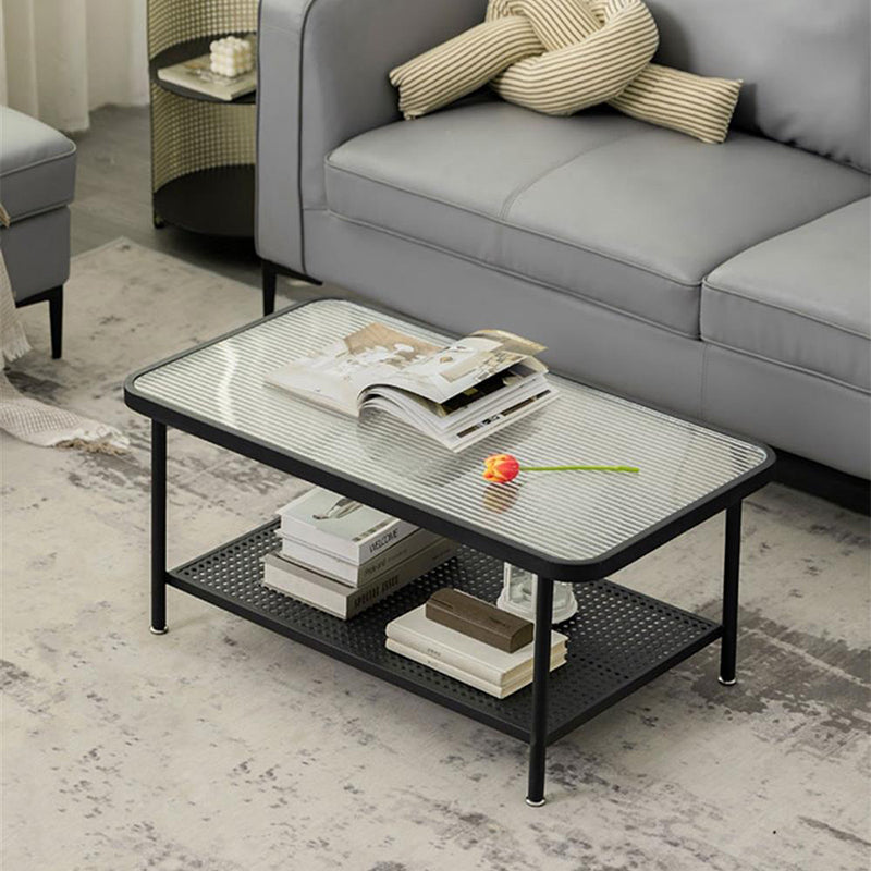 4 Legs Coffee Table Contemporary Glass Top Coffee Cocktail Table with Shelf