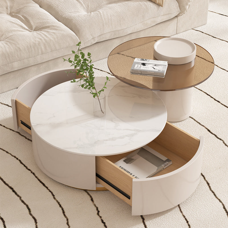 Drum Coffee Table Round Slate Top Cocktail Table with 2 Storage Drawers