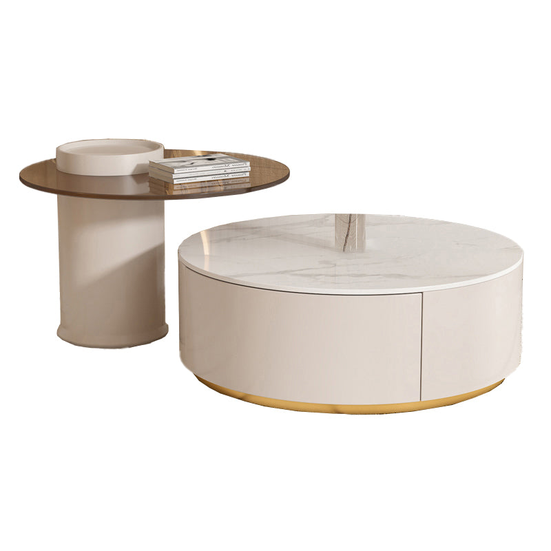 Drum Coffee Table Round Slate Top Cocktail Table with 2 Storage Drawers